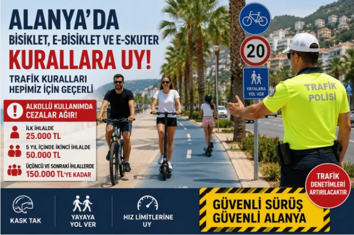 Alanya'da Bisiklet Ve E-Skuter Kullanıcılarına Uyarı: Cezalar 150 Bin TL'ye Kadar &Ccedil;ıkabiliyor