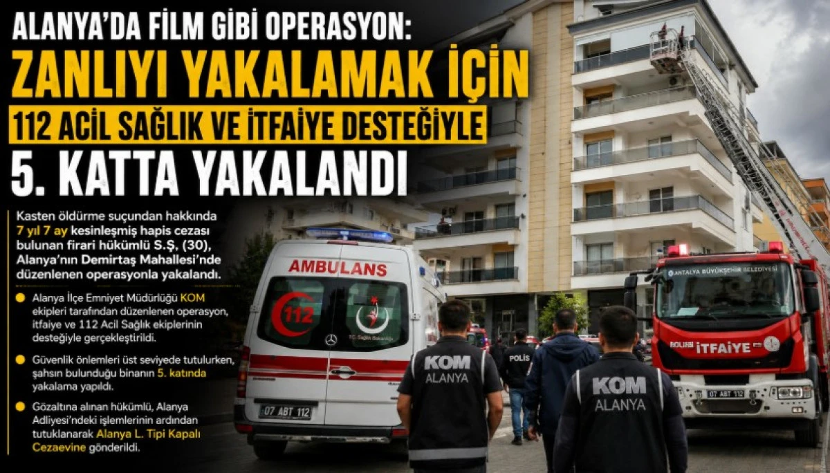 Alanya'da Film Gibi Operasyon: Firari H&uuml;k&uuml;ml&uuml; İtfaiye ve Sağlık Ekiplerinin Desteğiyle Yakalandı