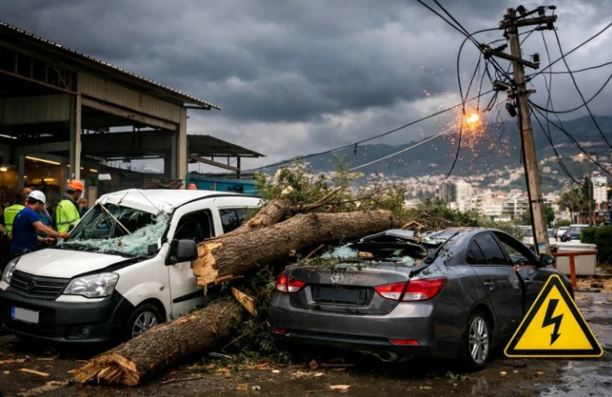Alanya&rsquo;da Fırtına Ağa&ccedil; Devirip Ara&ccedil;lara Zarar Verdi, Elektrik Hatları Koptu