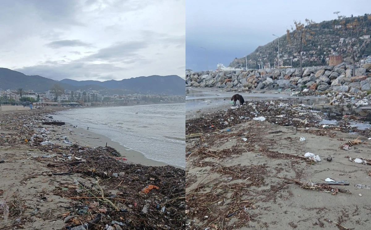 Alanya’da Şiddetli Yağış Sonrası Sahiller Çöplüğe Döndü